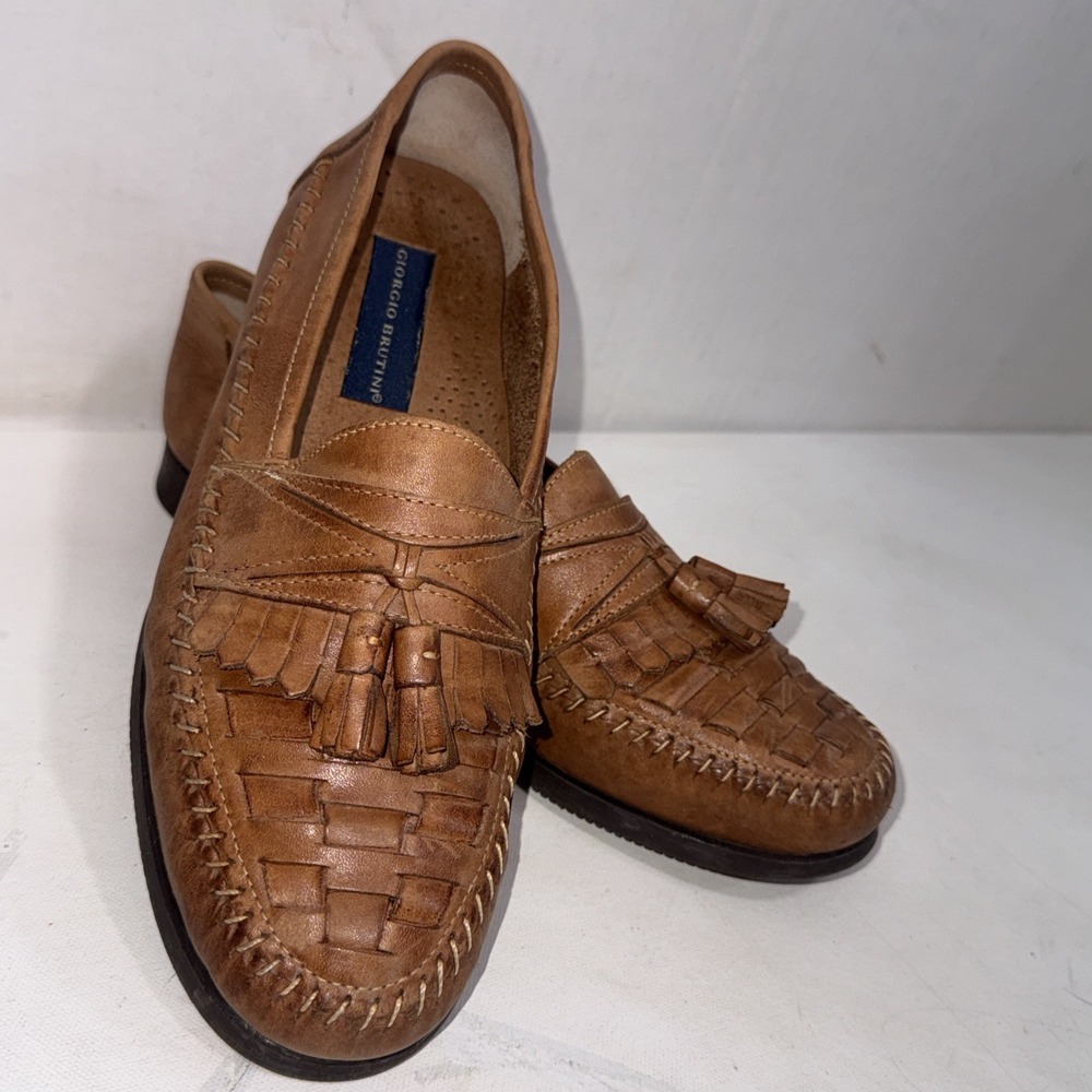 Giorgio Brutini Brown Braided Leather Tassel Slip On Loafers Shoes Mens Size 9 D